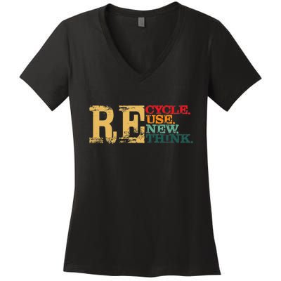 Happy Earth Day Recycle Reuse Renew Rethink Earth Day Retro Women's V-Neck T-Shirt