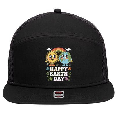 Happy Earth Day 2025 Protect Green Cute Planet  Sun 7 Panel Mesh Trucker Snapback Hat