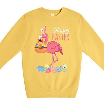 Happy Easter Day Flamingo With Easter Egg Basket Hunting Gift Premium Crewneck Sweatshirt