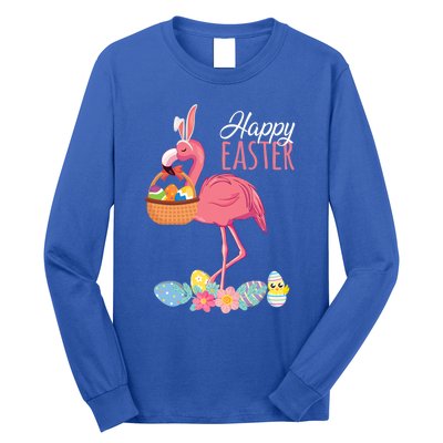 Happy Easter Day Flamingo With Easter Egg Basket Hunting Gift Long Sleeve Shirt