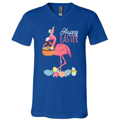 Happy Easter Day Flamingo With Easter Egg Basket Hunting Gift V-Neck T-Shirt