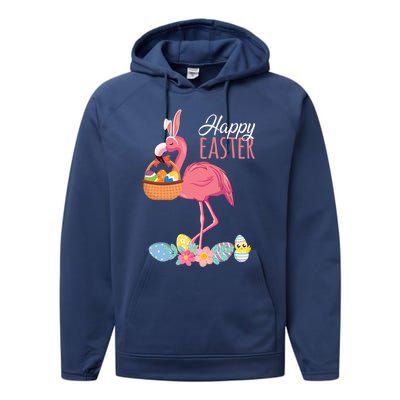 Happy Easter Day Flamingo With Easter Egg Basket Hunting Gift Performance Fleece Hoodie