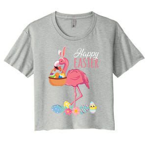 Happy Easter Day Flamingo With Easter Egg Basket Hunting Gift Women's Crop Top Tee