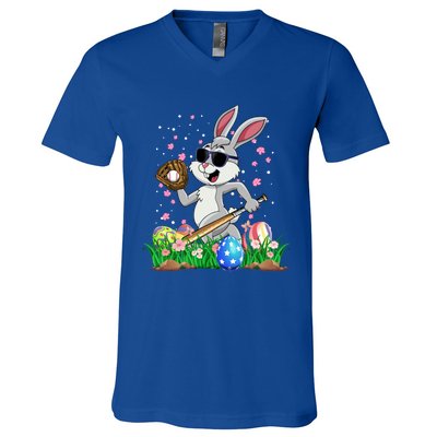 Happy Easter Day Baseball Bunny Rabbit Easter Basket Eggs Great Gift V-Neck T-Shirt