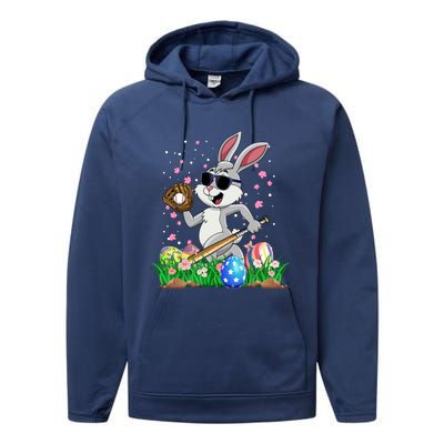 Happy Easter Day Baseball Bunny Rabbit Easter Basket Eggs Great Gift Performance Fleece Hoodie