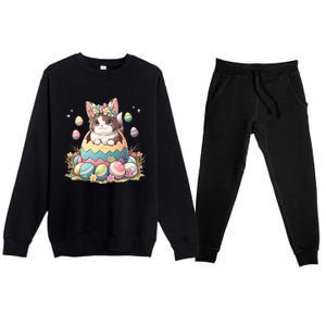 Happy Easter Day Cute Bunny Cat Eggs Basket Kawaii Premium Crewneck Sweatsuit Set