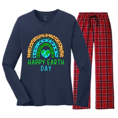 Happy Earth Day 2024 Rainbow Earth Lover Teachers Women's Long Sleeve Flannel Pajama Set 