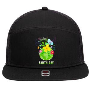 Happy Earth Day Flowers Planet Environment 7 Panel Mesh Trucker Snapback Hat