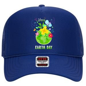 Happy Earth Day Flowers Planet Environment High Crown Mesh Back Trucker Hat