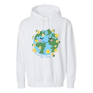 Happy Earth Day Cute Earth With Floral Earth Day 2024 Garment-Dyed Fleece Hoodie