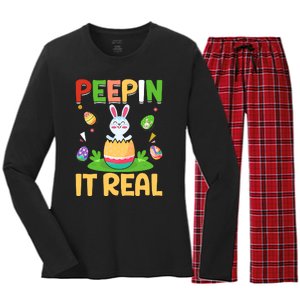 Happy Easter Day Peepin It Real Funny Easter Gift Women's Long Sleeve Flannel Pajama Set 