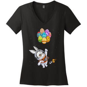 Happy Easter Day Bunny Egg astronaut Space Women's V-Neck T-Shirt