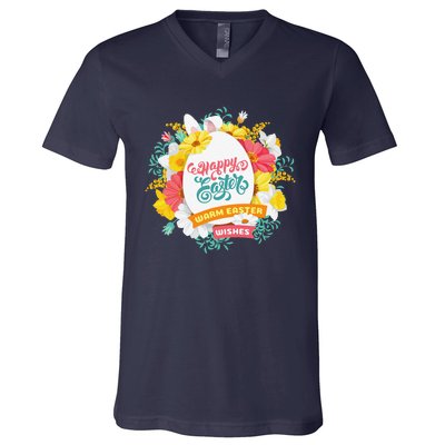 Happy Easters Egg Colorful Wreath Adults V-Neck T-Shirt