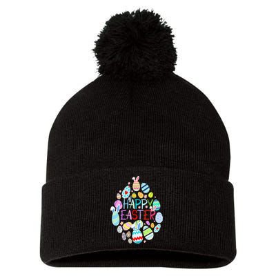 Happy Easter Eggs Bunny Ears Funny Easter Eggs Pom Pom 12in Knit Beanie