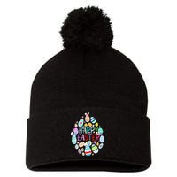 Happy Easter Eggs Bunny Ears Funny Easter Eggs Pom Pom 12in Knit Beanie