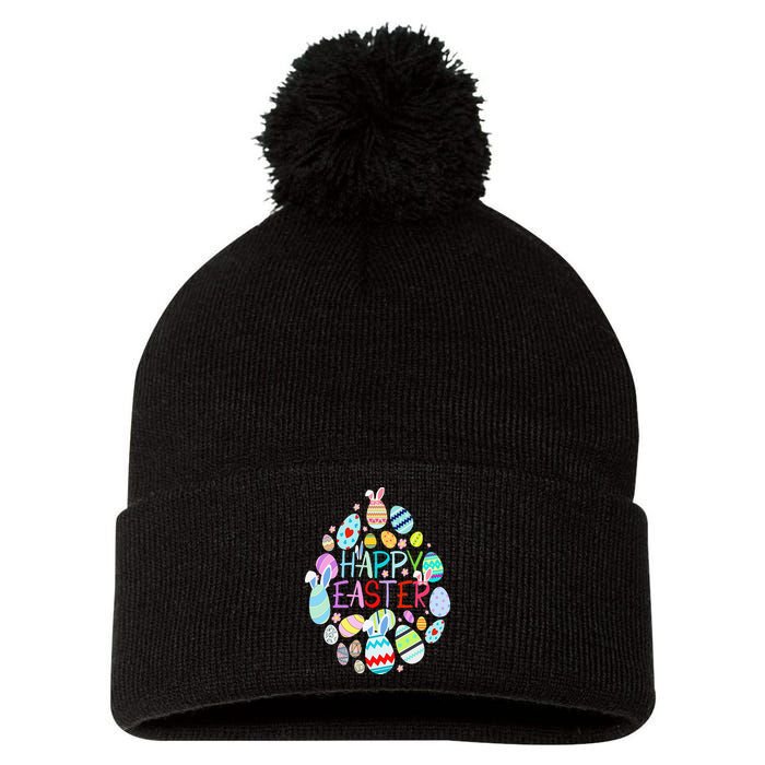Happy Easter Eggs Bunny Ears Funny Easter Eggs Pom Pom 12in Knit Beanie