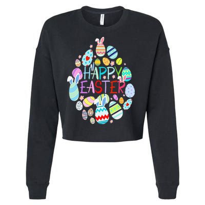 Happy Easter Eggs Bunny Ears Funny Easter Eggs Cropped Pullover Crew
