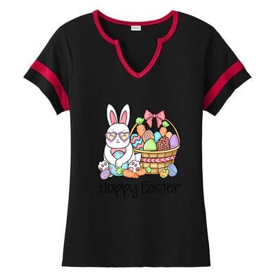 Happy Easter Egg Basket Bunny Ears Easter Day Ladies Halftime Notch Neck Tee