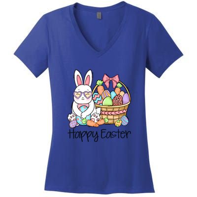 Happy Easter Egg Basket Bunny Ears Easter Day Women's V-Neck T-Shirt