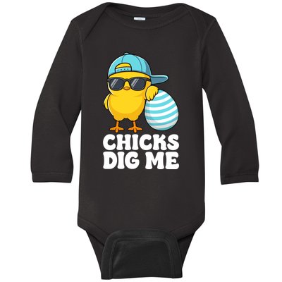 Happy Easter Funny Chicks Dig Me Easter Baby Long Sleeve Bodysuit