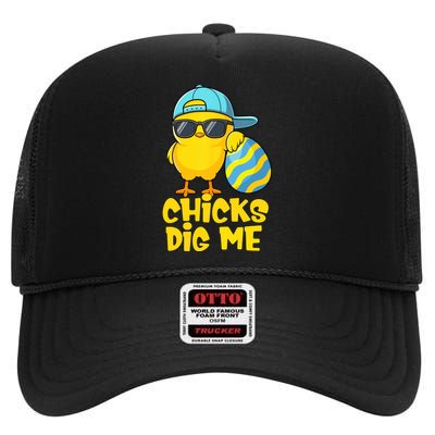 Happy Easter Funny Chicks Dig Me Easter High Crown Mesh Back Trucker Hat