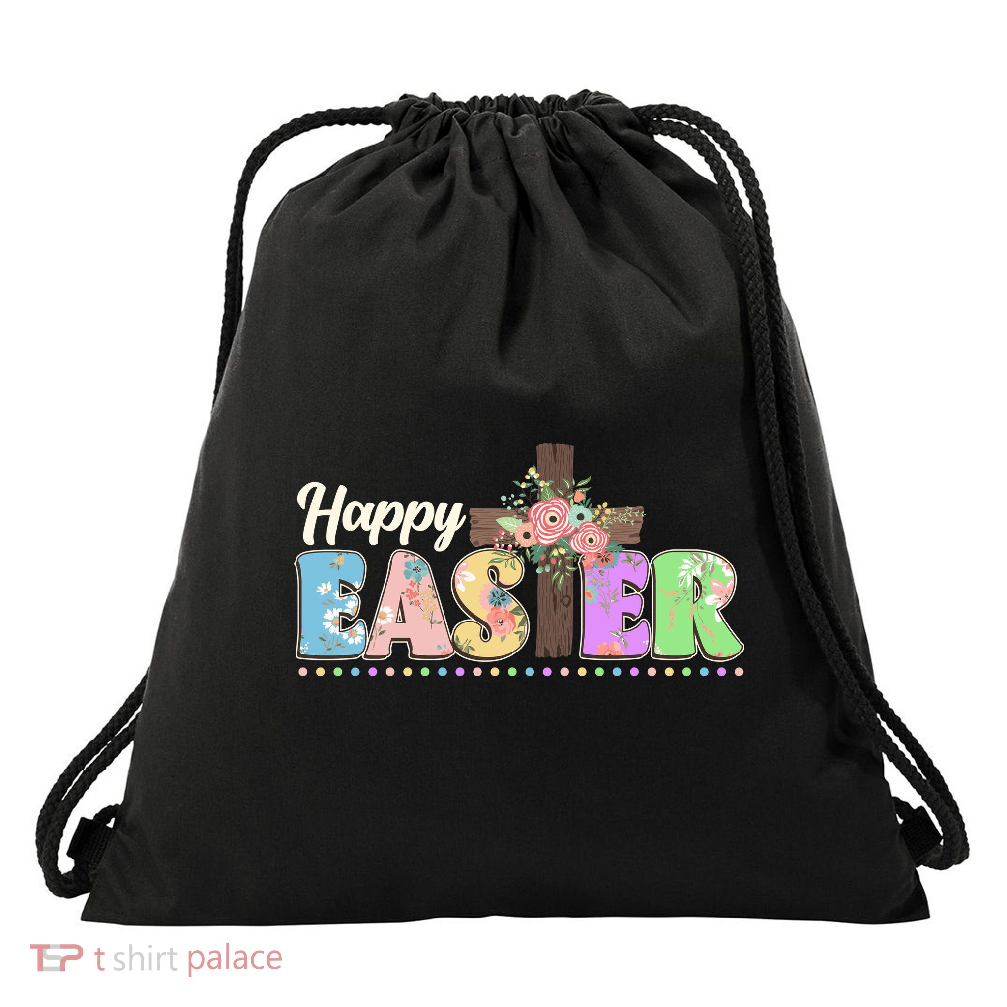 Happy Easter Flower Floral Cross Drawstring Bag