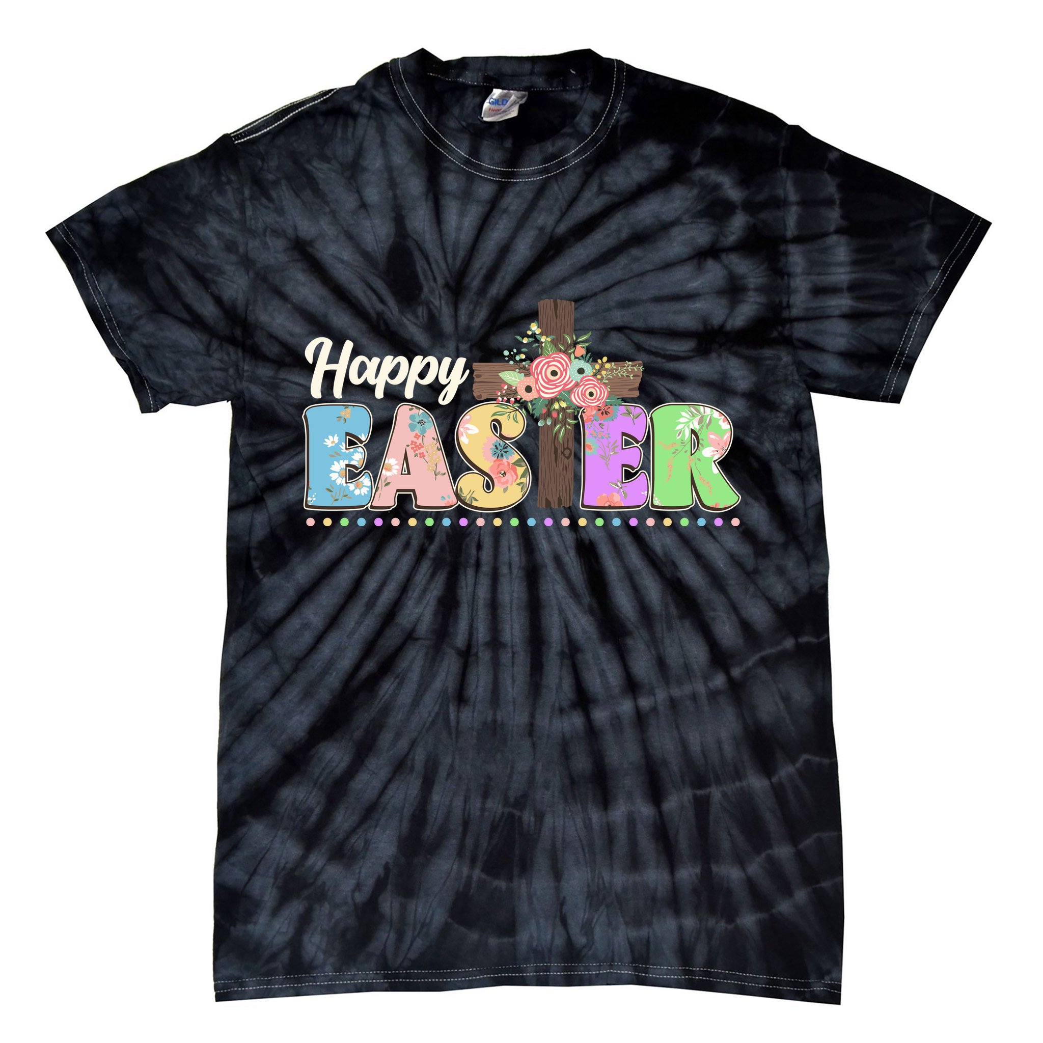 Happy Easter Flower Floral Cross Tie-Dye T-Shirt