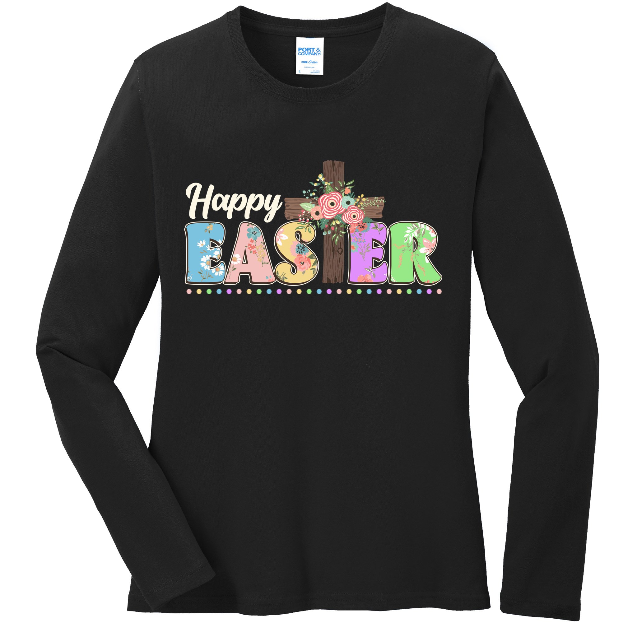 Happy Easter Flower Floral Cross Ladies Long Sleeve Shirt