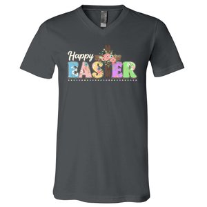 Happy Easter Flower Floral Cross V-Neck T-Shirt