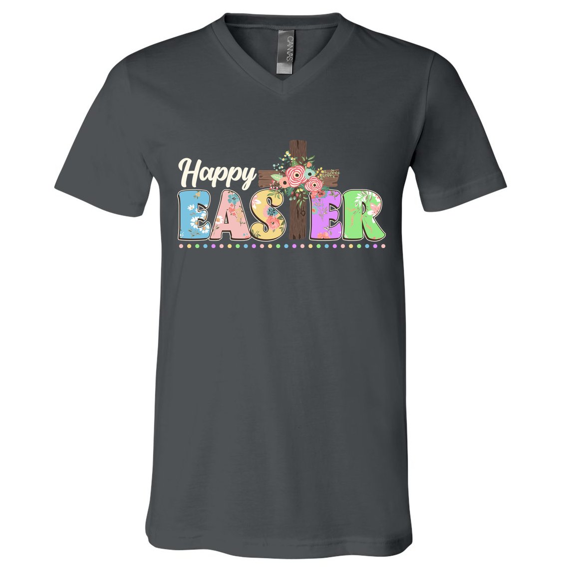 Happy Easter Flower Floral Cross V-Neck T-Shirt