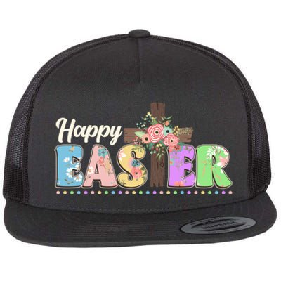 Happy Easter Flower Floral Cross Flat Bill Trucker Hat