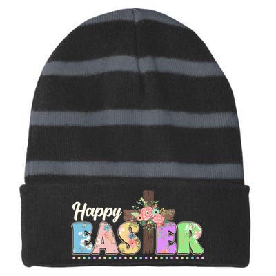 Happy Easter Flower Floral Cross Striped Beanie with Solid Band