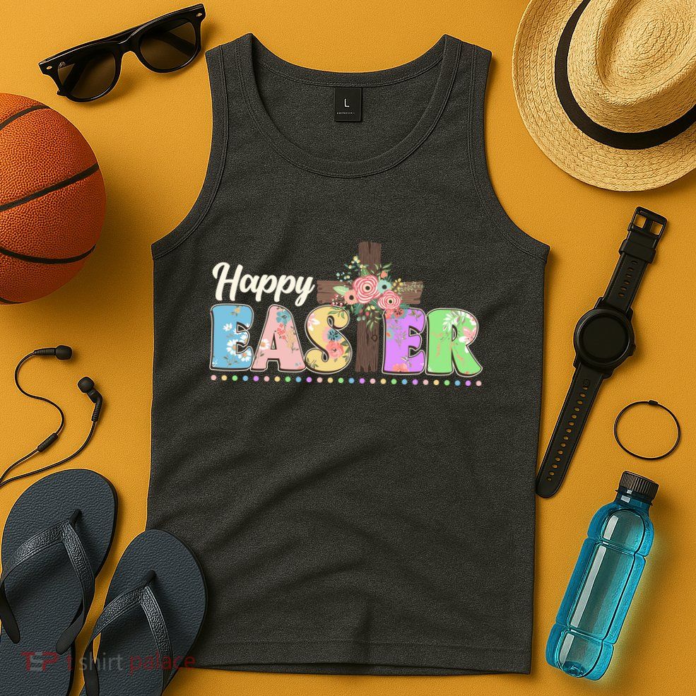 Happy Easter Flower Floral Cross Tank Top