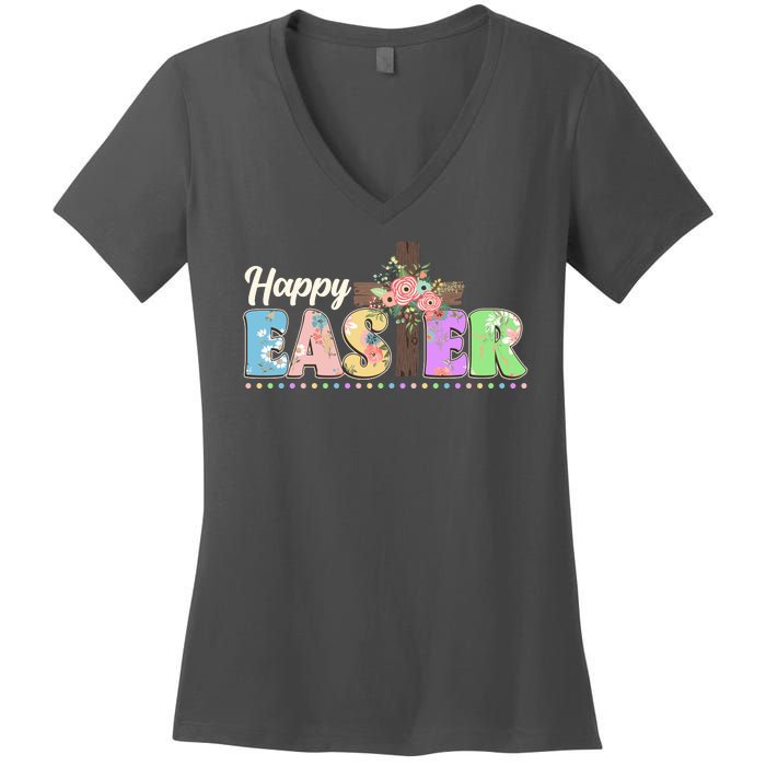 Happy Easter Flower Floral Cross Women's V-Neck T-Shirt