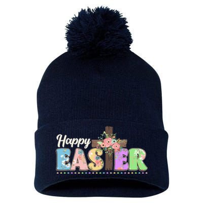 Happy Easter Flower Floral Cross Pom Pom 12in Knit Beanie