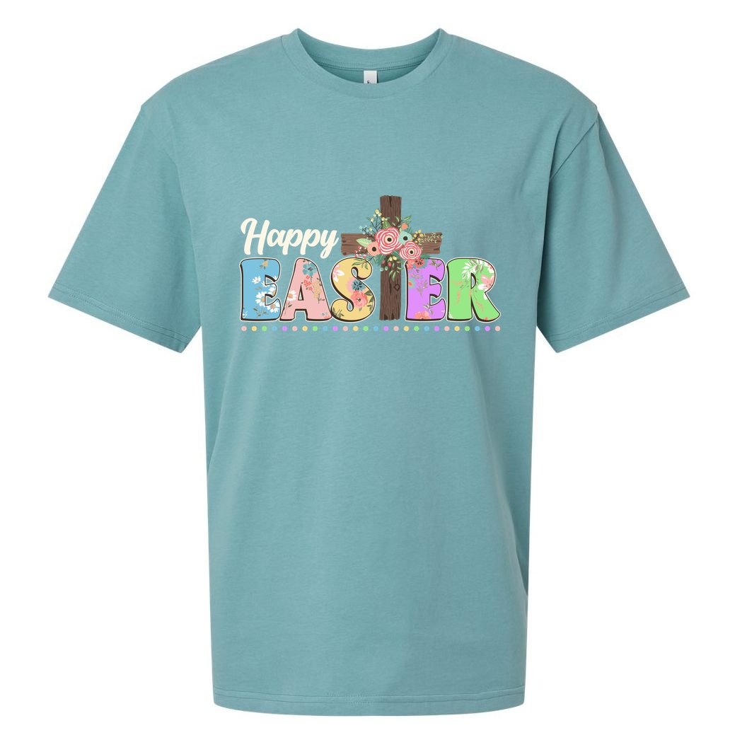 Happy Easter Flower Floral Cross Sueded Cloud Jersey T-Shirt
