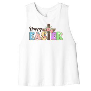 Happy Easter Flower Floral Cross Women's Racerback Cropped Tank