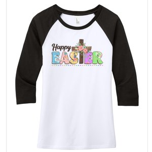 Happy Easter Flower Floral Cross Women's Tri-Blend 3/4-Sleeve Raglan Shirt