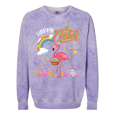 Happy Easter Flamingo With Eggs Basket Chocolate Eggs Hunt Meaningful Gift Colorblast Crewneck Sweatshirt