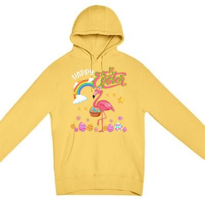 Happy Easter Flamingo With Eggs Basket Chocolate Eggs Hunt Meaningful Gift Premium Pullover Hoodie