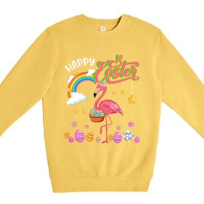 Happy Easter Flamingo With Eggs Basket Chocolate Eggs Hunt Meaningful Gift Premium Crewneck Sweatshirt