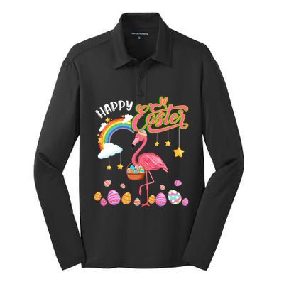 Happy Easter Flamingo With Eggs Basket Chocolate Eggs Hunt Meaningful Gift Silk Touch Performance Long Sleeve Polo