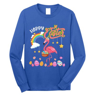 Happy Easter Flamingo With Eggs Basket Chocolate Eggs Hunt Meaningful Gift Long Sleeve Shirt