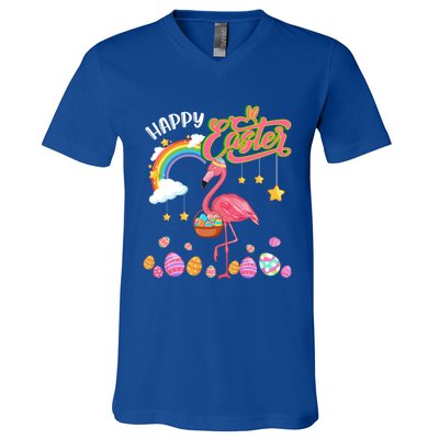 Happy Easter Flamingo With Eggs Basket Chocolate Eggs Hunt Meaningful Gift V-Neck T-Shirt