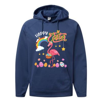 Happy Easter Flamingo With Eggs Basket Chocolate Eggs Hunt Meaningful Gift Performance Fleece Hoodie