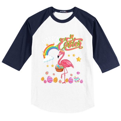 Happy Easter Flamingo With Eggs Basket Chocolate Eggs Hunt Meaningful Gift Baseball Sleeve Shirt