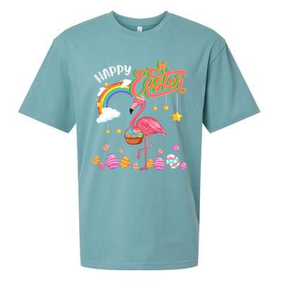 Happy Easter Flamingo With Eggs Basket Chocolate Eggs Hunt Meaningful Gift Sueded Cloud Jersey T-Shirt