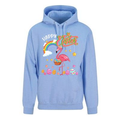 Happy Easter Flamingo With Eggs Basket Chocolate Eggs Hunt Meaningful Gift Unisex Surf Hoodie