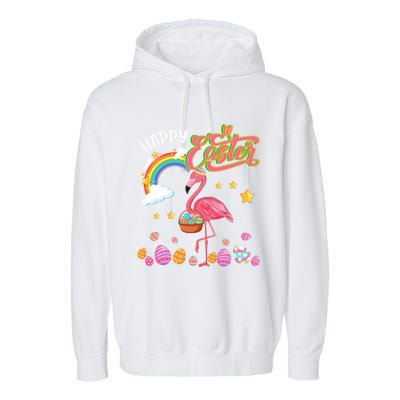 Happy Easter Flamingo With Eggs Basket Chocolate Eggs Hunt Meaningful Gift Garment-Dyed Fleece Hoodie