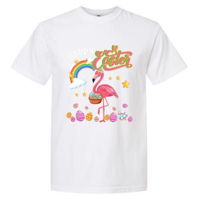 Happy Easter Flamingo With Eggs Basket Chocolate Eggs Hunt Meaningful Gift Garment-Dyed Heavyweight T-Shirt